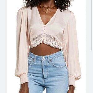 Open Edit Pink Lace Cropped Blouse Long Sleeve Button Front